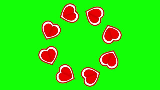 Circling red hearts on green screen background