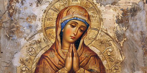 The praying Mary depicted in Byzantine style. AI generative.