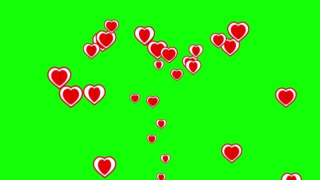 Red hearts fountain on green screen background