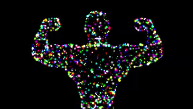 Strong person with colorful glitter sparkles on plain black background