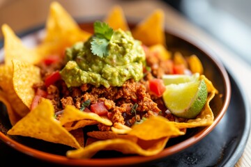 Nachos with ground beef, guacamole, and tomatoes