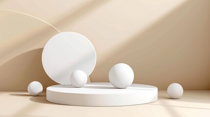 white minimal geometric forms. Glossy podium for product presentation. Abstract background.