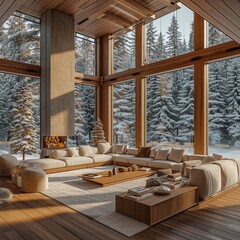 Modern luxury wooden cabin with majestic snowy forest. The interior of a modern living room designed with a minimalist style