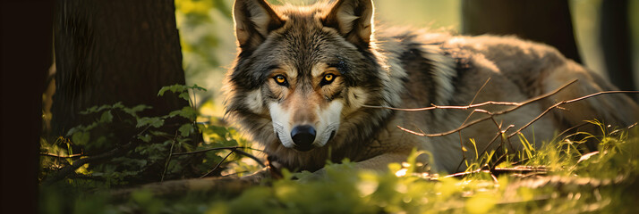 Portrait of wolf lying on the grass in the forest, looking straight at the camera, panoramic nature banner