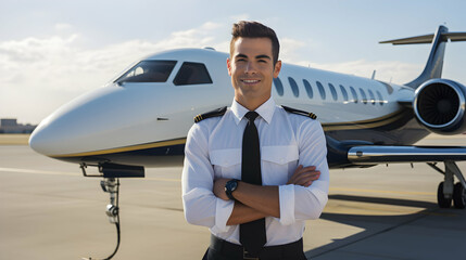 Pilot of modern private jet. Young smiling airline employee in front of the plane.
