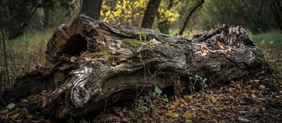 A fallen tree trunk, decayed.