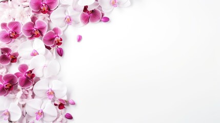 Frame of orchid flowers on a white background. An invitation or a postcard for a holiday.