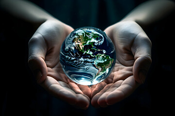 Open hands hold large drop of water representing globe lacking water resources, Earth Day