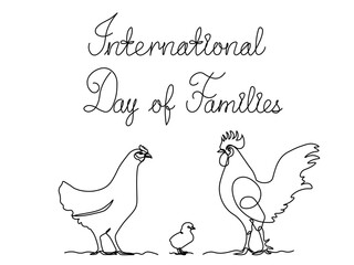 Fototapeta na wymiar International Day of Families. The family of birds - rooster,hen,chicken. continuous one line art hand drawing sketch