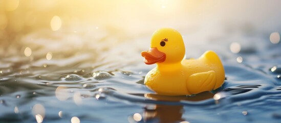 A duck-shaped bath toy with a yellow color is seen floating on the surface of a water body, resembling a bird floating on liquid.
