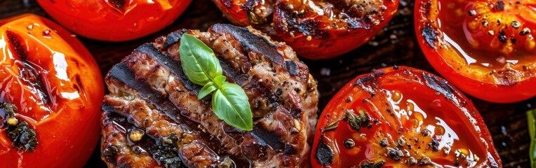 Grilled tomatoes with meat and spices on a wooden board. Selective focus. Banner.