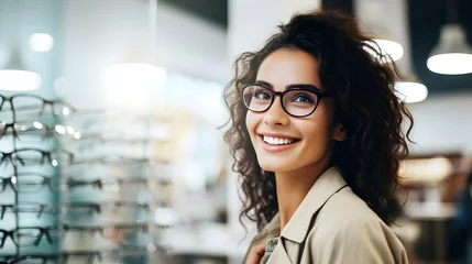 Muurstickers Young smiling woman tries buying on new glasses in an optical salon. Portrait of a beautiful brunette in a store with blank copy space. Advertisement banner. © pawczar