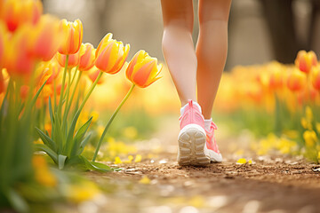 Back view of woman's legs with sport shoes jogging in park with orange and yellow tulip spring flowers - obrazy, fototapety, plakaty