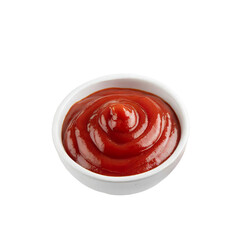Ketchup in a bowl isolated on transparent background. Top view.