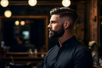 Fototapeta premium Man after a haircut in a stylized hairdressing salon, portrait of a young male, side view, copy space on blurred dark background