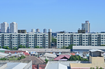 BANGKOK, THAILAND - February 09, 2024 : Landscape View of Bangkok City with Blue sky with white cloud. Clear day and good weather in the morning.