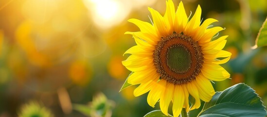 Fototapeta premium A close-up of a sunflower, a flowering plant with vibrant yellow petals, captured in macro photography, with the sun's rays passing through the leaves.