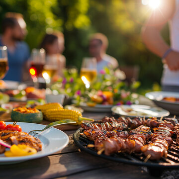 nourriture provenant d'un barbecue, BBQ, sur une table en premier plan, brochettes de viande, &eacute;pis de ma&iuml;s, salade, verres de vin, en arri&egrave;re plan les amis savourant ce repas en ext&eacute;rieur en &eacute;t&eacute;, 