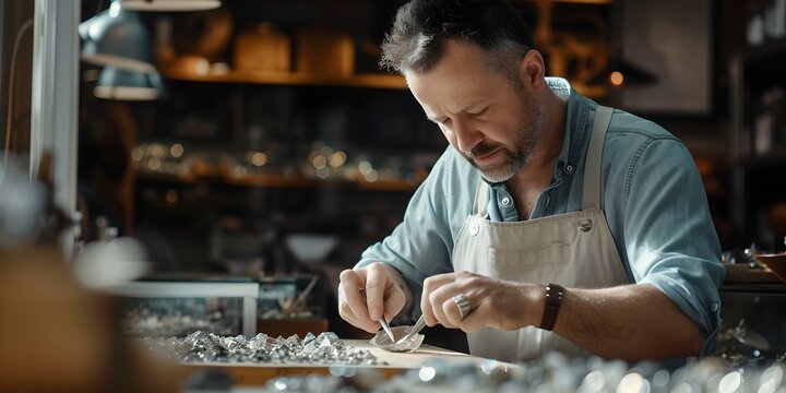 Focused craftsman meticulously working in a jewelry workshop. artisan shaping a piece with tools. handmade creations with passion and precision. AI