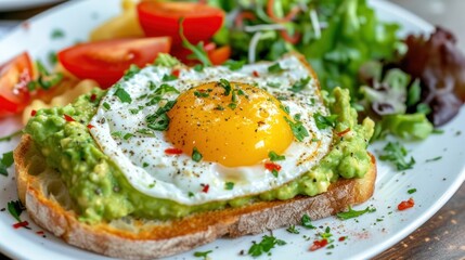 Avocado toast with fried egg and fresh vegetables on wooden table.