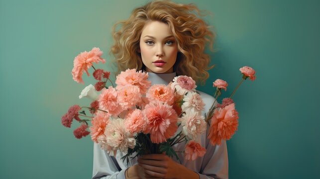 A young attractive woman with a beautiful bouquet of flowers on a bright background. The concept of a holiday, a gift for Valentine's Day and Women's Day.