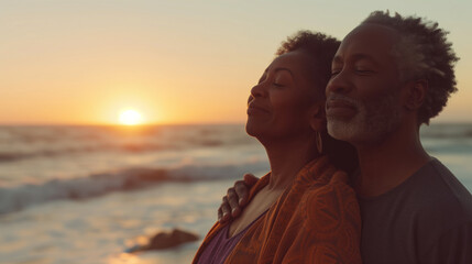 Serene Dusk - Senior African American Couple Savoring Beach Sunset