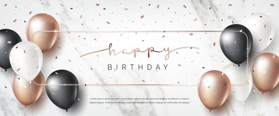 Happy birthday banner template. Birthday greeting card with 3D gold balloon, ribbon on marble background for luxury modern anniversary party event, celebration card, advertising. Vector Illustration
