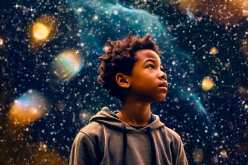 Naklejka premium A child marvels at nature's splendor beneath the starry night.