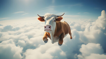 Incredible Aerial View: Cow in Flight Over Cloudscape - obrazy, fototapety, plakaty