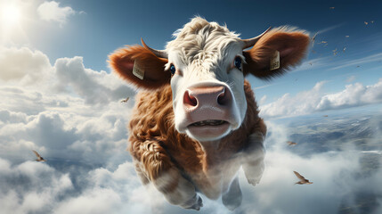 Super cow flying over clouds - obrazy, fototapety, plakaty