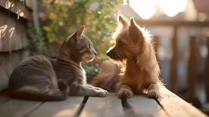 Tender encounter between a kitten and a puppy on a wooden deck during golden hour. perfect for pet lovers. AI - obrazy, fototapety, plakaty