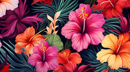 Fototapeta na wymiar Tropical floral pattern, blooming exotic wallpaper with hibiscus flowers