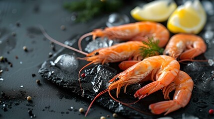 Fresh shrimps with lemon on dark slate background, seafood delicacy concept, close-up view. AI