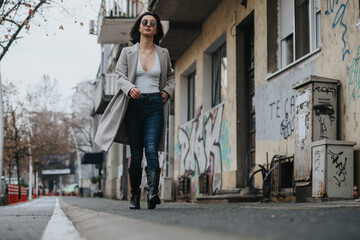 A trendy young woman in stylish outfit struts with confidence along a graffiti-adorned urban...