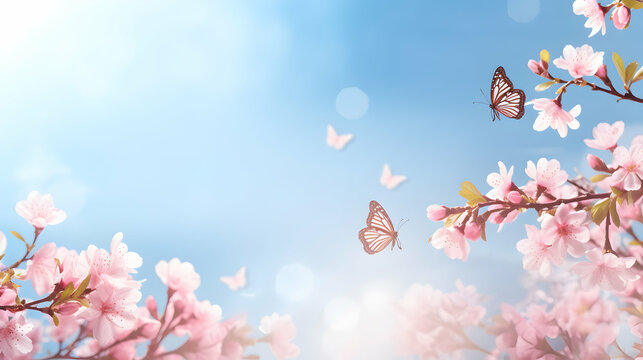 Blooming cherries and flying butterflies under bright blue sky, vibrant spring background with copy space, fruit tree branches in garden