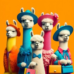 Obraz na płótnie Canvas Creative animal concept. Llamas in a group, vibrant bright fashionable outfits isolated on solid background advertisement, copy text space. birthday party invite invitation banner