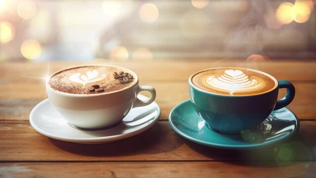 Closeup image of two blue cups of hot latte coffee. seamless looping overlay 4k virtual video animation background 