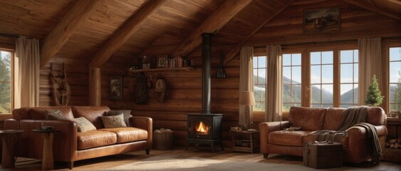 Cozy cabin interior with wooden background