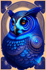 Indigo steampunk owl - obrazy, fototapety, plakaty