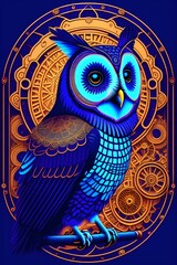 Indigo steampunk owl - obrazy, fototapety, plakaty