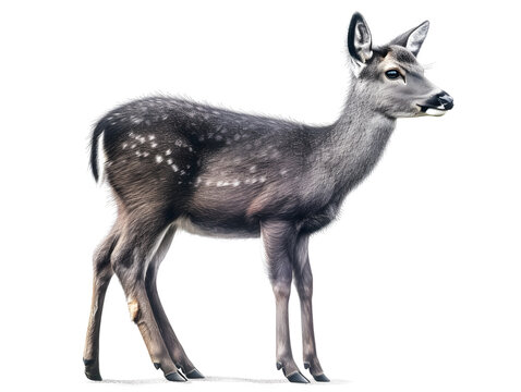 A young female roe deer stands gracefully on a white background. Baby deer standing alone isolated on a white background