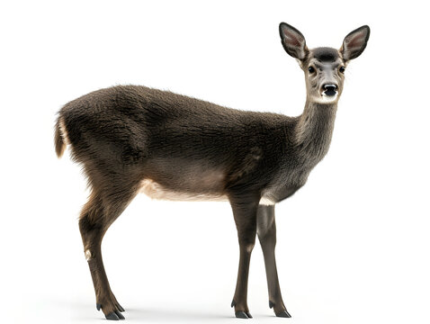 A young female roe deer stands gracefully on a white background. Baby deer standing alone isolated on a white background