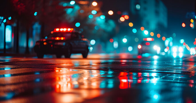 defocused police car with flashing lights at night in city street, low angle view. Neural network generated image. Not based on any actual person or scene.