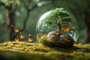 Miniature transparent glass globe containing the life of butterflies and trees, concept for environmental lovers, global warming, greenhouse effect, ecology. Generative Ai - obrazy, fototapety, plakaty
