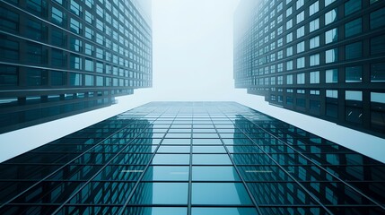 Modern skyscrapers reaching into a foggy sky. urban architecture, glass facades. commercial real estate. AI - obrazy, fototapety, plakaty