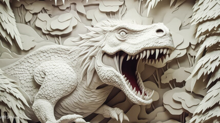Naklejka premium An intricate 3D paper model of a ferocious Tyrannosaurus rex
