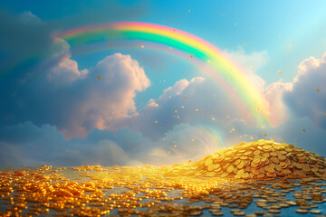 Rainbow arcs gracefully over a glittering pile of gold coins against a dramatic sky, symbolizing prosperity and fortune.