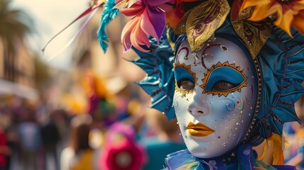 Vibrant venetian mask in carnival celebration. festive atmosphere, mysterious elegance, traditional event. cultural masquerade, italian style. AI