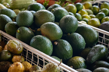 Fresh ripe green avocados, tropical fruits and vegetables on farmers market on Fuerteventura, Canary islands, Spain