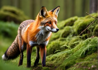 Red Fox hunting, Vulpes vulpes, wildlife view. Orange fur coat animal in nature habitat.
